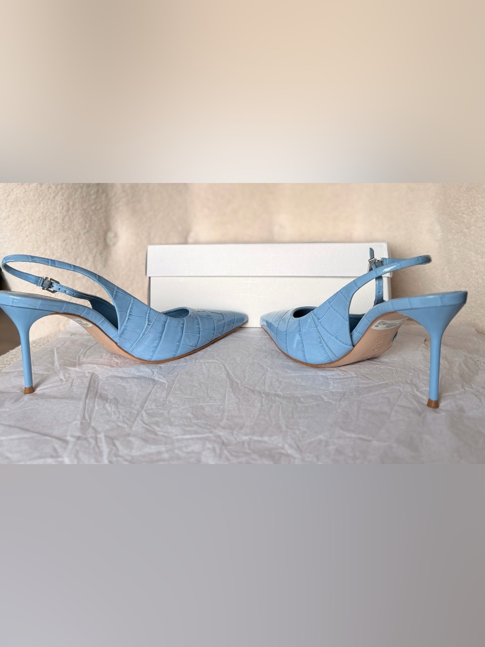 Schutz Light Blue Croc-Embossed Slingback Pointed Heels - Picture 2 of 5
